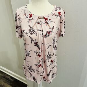 Liz Claiborne Career Top Womens Size Small Pink Floral Short Sleeve Blouse
